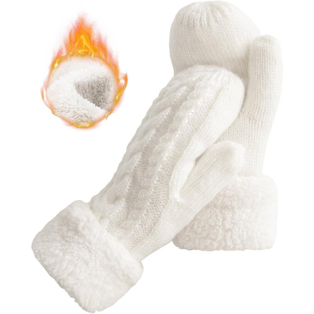 Women's White Winter Warm Imported Fleece Lining Cozy Wool Knit Thick Gloves